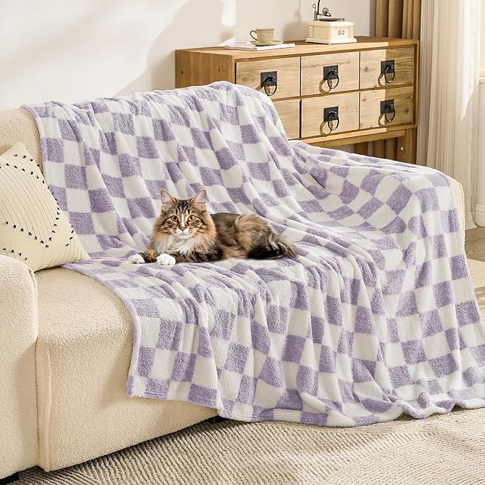 EMME Checkered Blanket Twin Size - 60"x80" Lavender Knit Blanket Soft Fluffy Patterned Throw Blankets for Couch, Sofa, Chair, Bed, Camping, Picnic, Travel