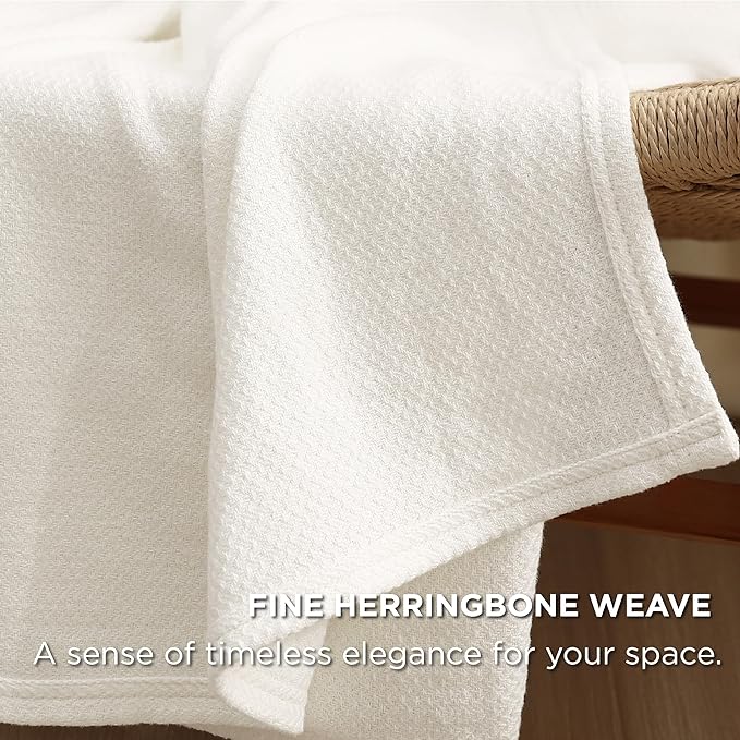Bedsure GentleSoft 100% Cotton Blanket Queen Size for Bed - Breathable and Lightweight, Soft Cozy Textured Herringbone Woven Blanket for Summer, Cream, 90x90 inches