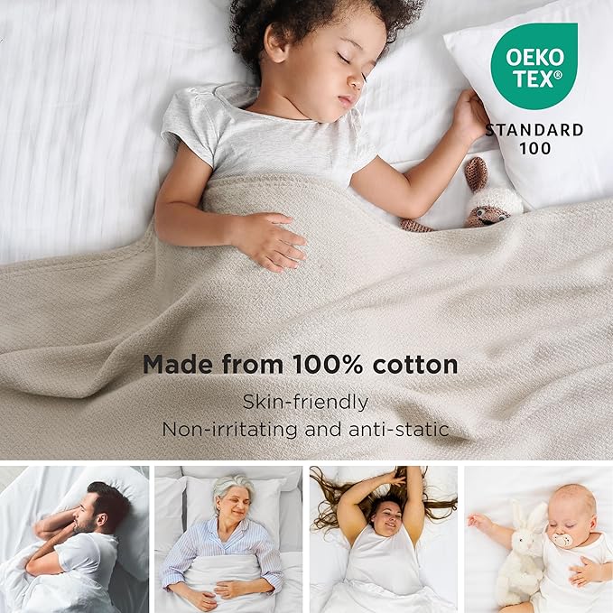Bedsure GentleSoft 100% Cotton Blanket King Size for Bed - Breathable and Lightweight, Soft Cozy Textured Herringbone Woven Blanket for Summer Spring, Linen Beige, 108x90 inches