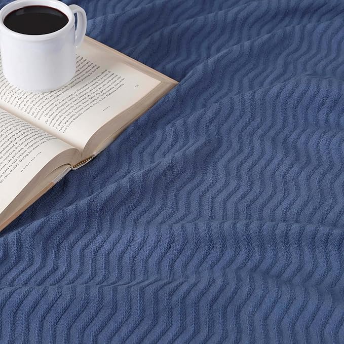 Superior JENA Cotton Blanket, for Picnic, Beach, Traveling or Camping, Bedroom Decor, Essentials, Cover for Bed, Couch, Lounging, Textured Jacquard, Modern Chevron Woven Blanket, Throw, Merritt Blue