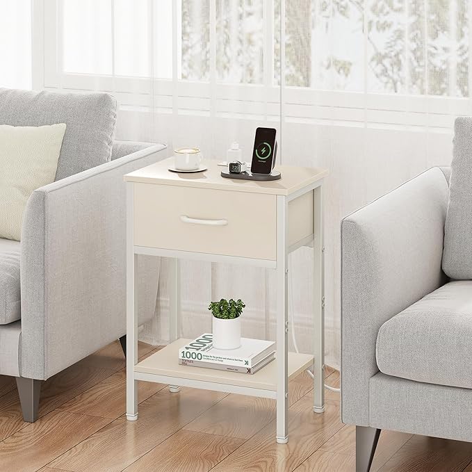 Vagusicc Nightstand with Charging Station, End Table with Fabric Drawer, Small Side Table with 2-Tier Storage Shelves, 25.4" Tall Night Stand, Bedside Table for Bedroom, Living Room, Dorm, Beige