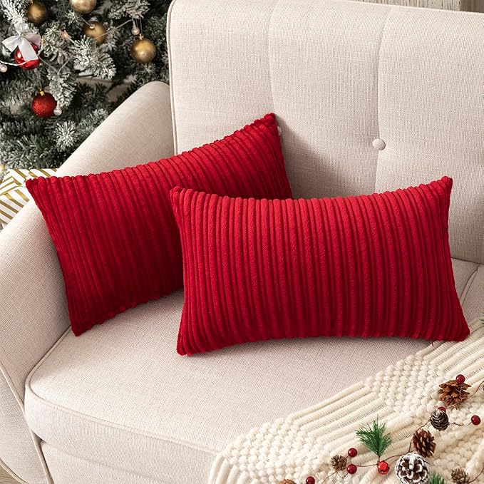 UGASA Pack of 2 Christmas Velvet Pillow Covers Striped, Soft Textured Throw Cushion Accent Corduroy Lumbar Hidden Zipper for Home Decor Indoor (12"x20", Burgundy)