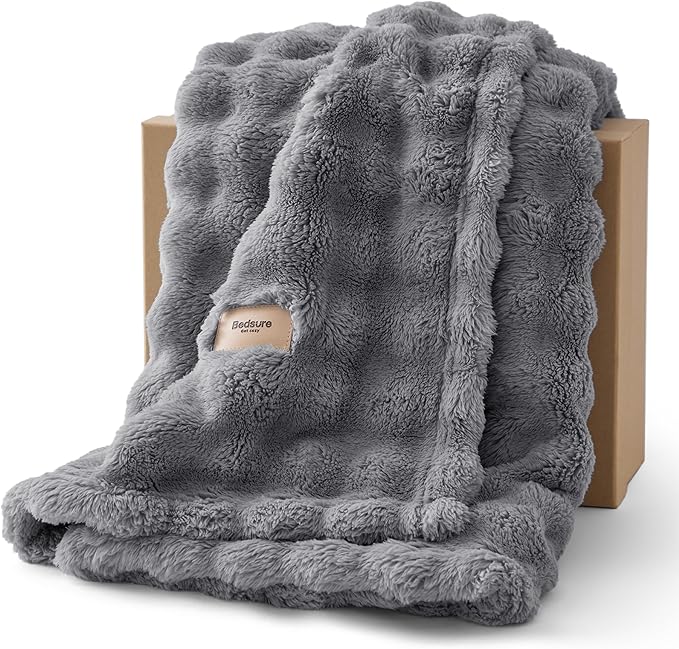 Bedsure 3D Fleece Bubble Blanket for Couch - GentleSoft Grey Twin Blanket for Sofa Bed Room Decor - Luxury Soft Cozy Gifts for Women, Lightweight, All Seasons, Grey, 60"×80"