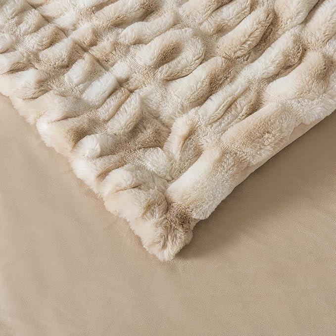 WDCOZY Ruched Faux Fur Throw Blanket Soft Cozy Fluffy Luxurious Blankets Couch Bed Sofa Chair Home Decor Warm Furry Fall Winter Plush Rabbit Fur Bubble Blanket 60" x 80", Caramel Beige Camel Neutral