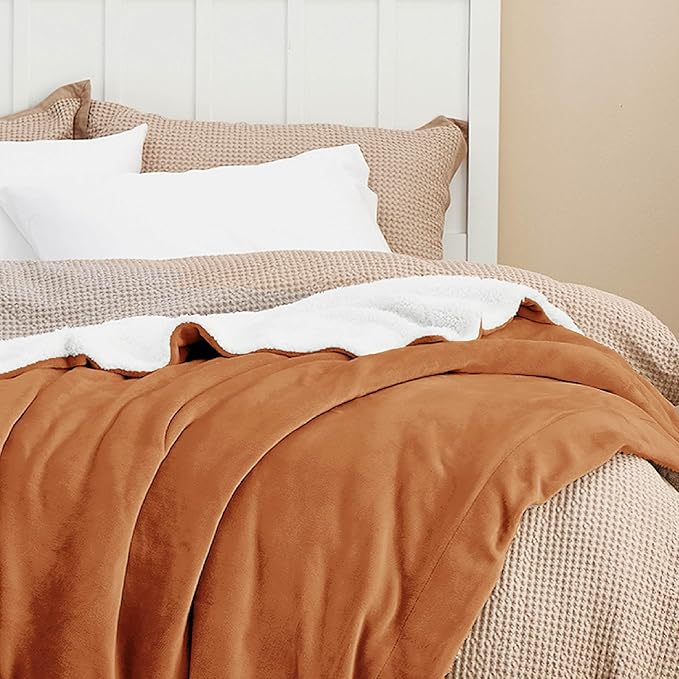 Bedsure GentleSoft Sherpa Fleece Blanket Queen Size for Bed, Non-Heated, Thick and Warm Throw for Women and Men, Soft Fuzzy Plush Queen Blanket for Winter, Burnt Orange, 90x90 Inches
