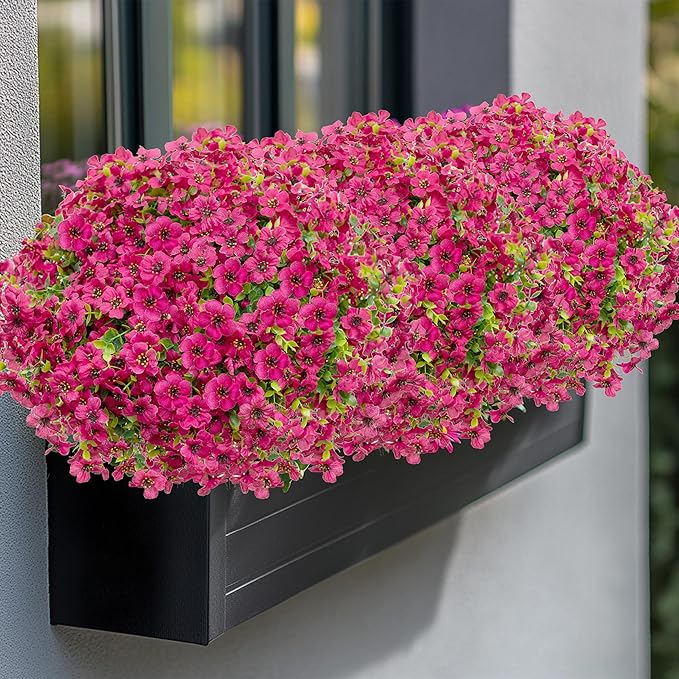 Artificial Flowers for Outdoors Fake Plants - 16 Bundles Faux Outside Greenery Boxwood No Fade Plastic Shrubs Fall Decor Farmhouse Home Garden Thanksgiving Mums (Red)
