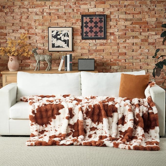 Lotus Karen Faux Fur Throw Blanket Cow Print-Light Brown, Fluffy Fuzzy Plush Bubble Blanket for Couch, 108x90 Inches Cozy Shaggy Rabbit Blanket, Luxury Decorative Gifts for Sofa Bedroom Living Room.