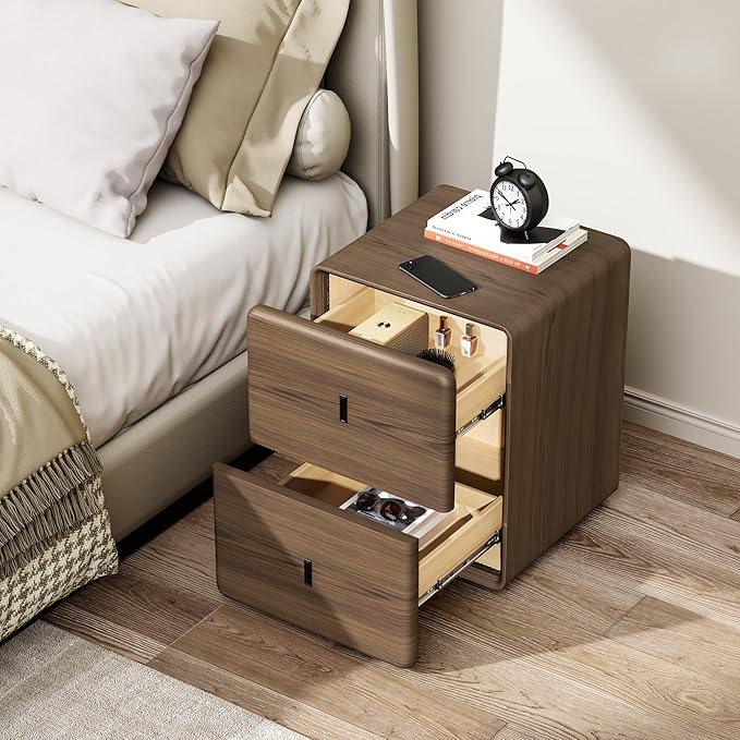 VICITON Narrow Nightstand with Drawers, Faux Leather Bedside Table, Solid Wood Drawer, Small Side Table for Bedroom (Leather Grey Poplar, 15.7" x 15.7" x 19.7")