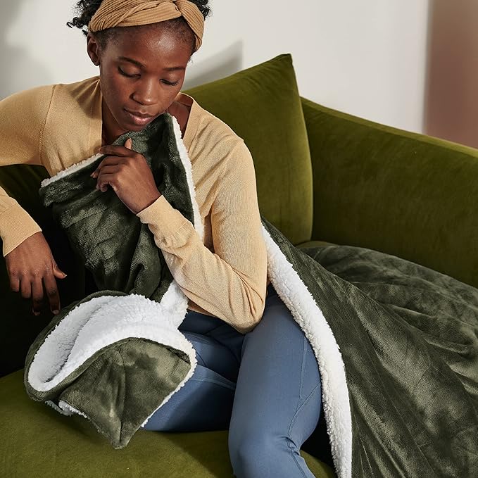 Bedsure GentleSoft Sherpa Fleece Blankets King Size for Bed, Non-Heated, Thick and Warm Throw for Women and Men, Soft Fuzzy Plush King Blanket for Winter, Olive Green, 108x90 Inches