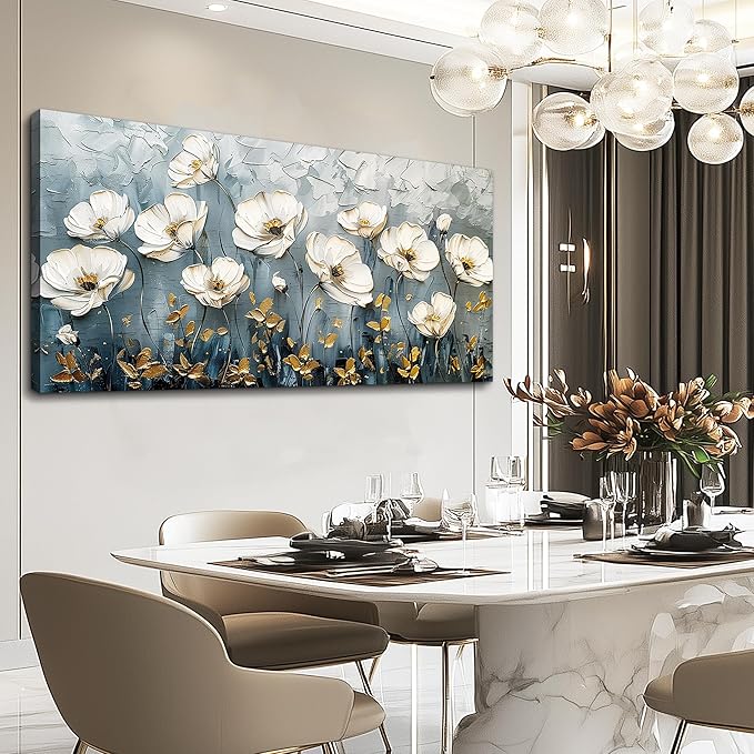 QIYILEXWART Large Wall Decor For Living Room Canvas Wall Art For Office Modern Wall Decorations For Bedroom Textured White Flower Landscape Painting Farmhouse Pictures Artwork Room Home Decor 24x48