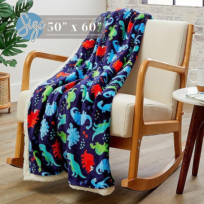 Elegant Comfort Luxury Dinosaur Sherpa Throw Blanket Ultra -Soft Cozy Velvet Cute Dino Fleece Throw-Micromink Sherpa - Cute Birthday Gift for Boys and Girls Kids, Sherpa Reversible Blanket- Navy Dino