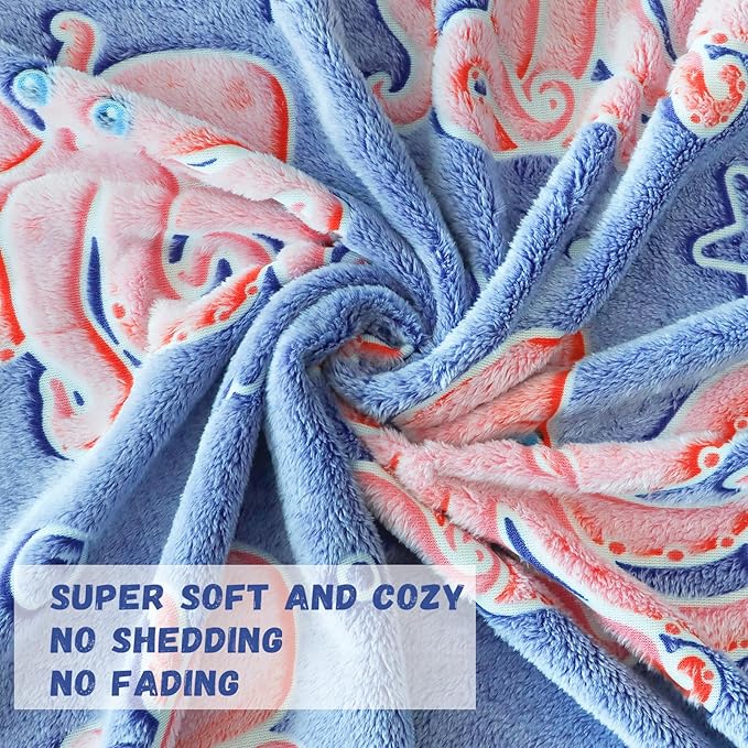 Octopus Twin Blanket for Couch & Bed, Large Soft Warm Ocean Blanket for Adults Kids, Blue Sea Animal Twin Size Fleece Throw for Bedroom Home Decor 60"x80"