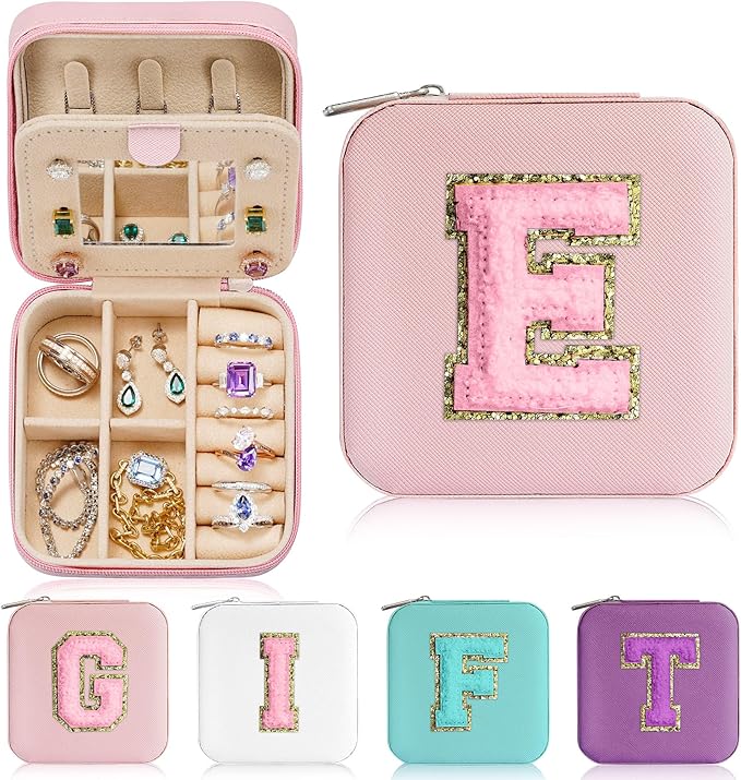 Parima Gifts for Friends Sister - Travel Must Have Jewelry Organizer Case Gift for Women Girls Jewelry Box | Graduation Gifts for Friends Female | Travel Essential - Letter E, Pink