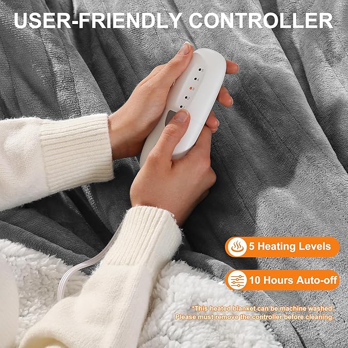 Heated Blanket Twin Electric Blanket 62X84in - Fast Heating Blanket for Adults Ultra Soft Flannel & Warm Sherpa with 5 Heat Levels & 10 Hrs Timer, Machine Washable, Office Use for Winter(Gray)