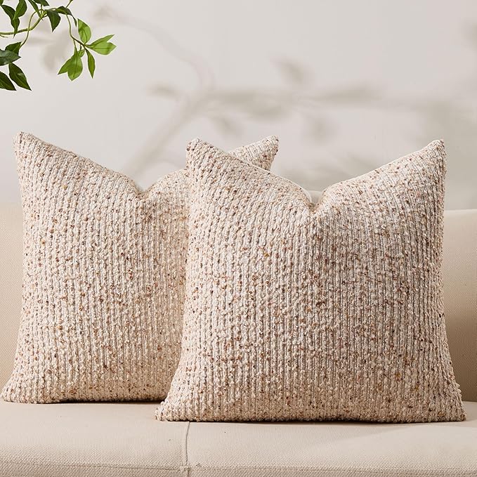 Allorry Decorative Couch Throw Pillow Covers 18x18 Set of 2 Beige Striped Soft Wool Pillow Covers Neutral Textured Boho Cushion Covers for Modern Farmhouse Sofa Bedroom Living Room Decor SY012-A18