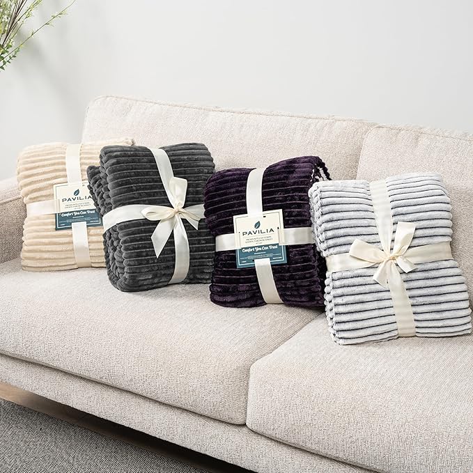 PAVILIA Gray Sherpa Fleece Throw Blanket for Couch Twin, Soft Plush Fuzzy Blankets, Fluffy Flannel Sherpa Blanket for Bed, Warm 3D Ribbed Winter Blanket Gift, 60x80 inches