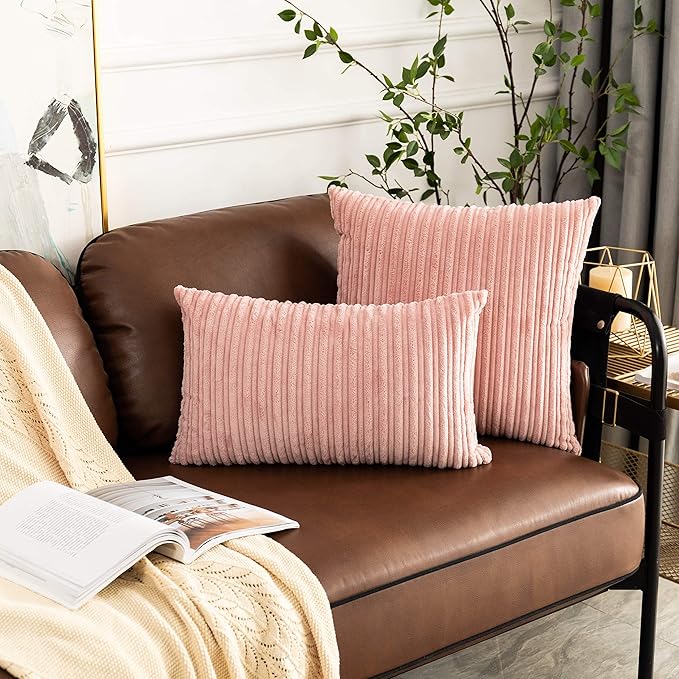 UGASA Velvet Pillow Covers Striped Soft Textured Throw Cushion Cases Pack of 2 Valentines Day Accent Corduroy Lumbar Pillowcases with Hidden Zipper for Home Decor Indoor 12"x20", Baby Pink