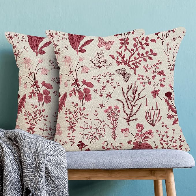 Christmas Pillow Covers 18x18 Inch Set of 2,Burgundy Red Wild Flower Plant Throw Pillows Case,Seasonal Floral Outdoor Decorative Square Linen Farmhouse Decor Cushion Covers for Home Sofa bed Couch