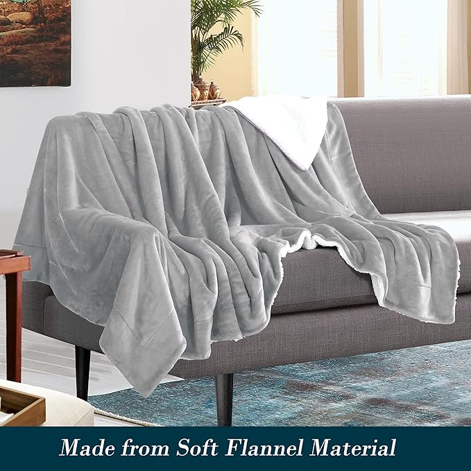 Mocassi Premium Ultra-Soft Flannel Fleece Sherpa Throw Blanket - Warm Cozy Reversible Plush Micromink Blanket for Couch, Bed and Sofa - Fluffy, Christmas Winter Bedding Gift, Queen, Silver Grey