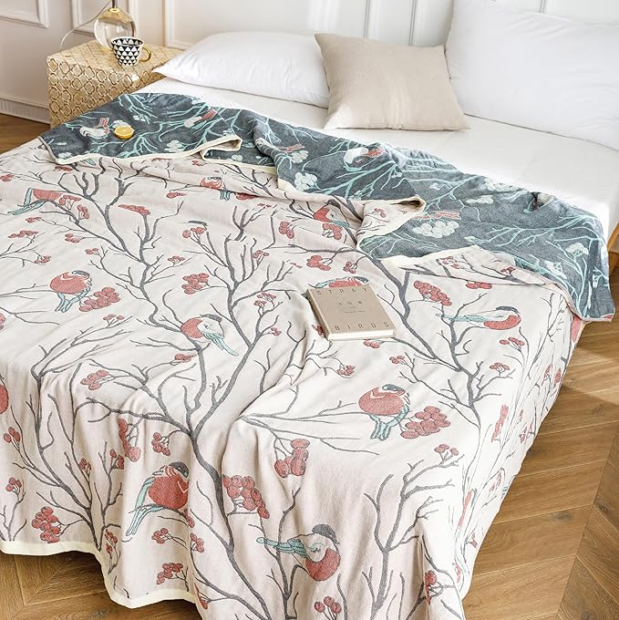 Scientific Sleep Bird Magpie on Hawthorn Tree 100% Cotton Muslin Blanket Throw Cover for Bed Couch Sofa Cozy Soft Reversible Bedding Blanket Bedspread Coverlet Twin 60 in x 80 in