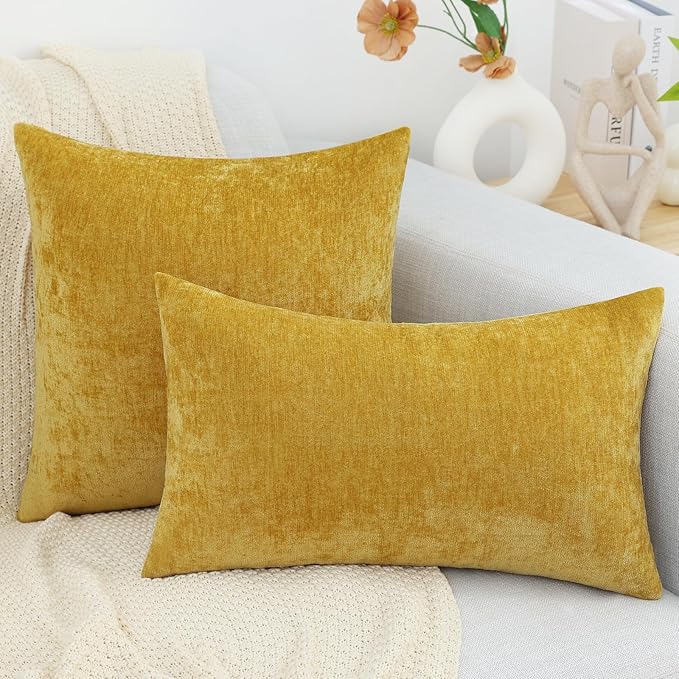 decorUhome Chenille Mineral Yellow Throw Pillow Covers 20x20 Inch Set of 2, Decorative Soft Couch Pillow Covers Solid Dyed Accent Farmhouse Neutral Square Pillow Cases for Sofa