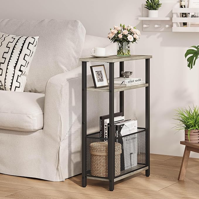 Narrow Side Table with Storage Basket Skinny End Tables for Smalls Spaces 3 Tier Sofa Table Small Nightstand Slim Bedside Table for Living Room Bedroom Oak MLBZ22Q