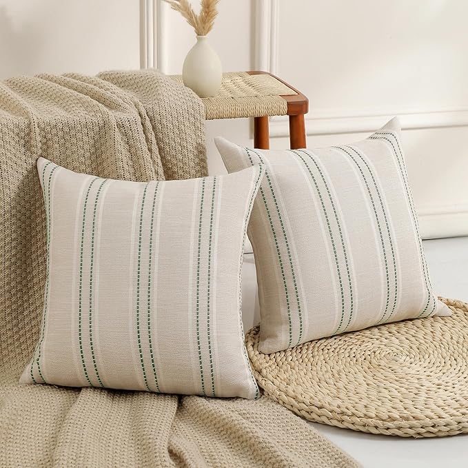 Hckot Spring Throw Pillow Covers 20x20 Set of 2 Green Striped Pillow Covers Decorative Pillows Square Cushion Covers for Sofa Couch Bed Living Room Farmhouse Decor,Sage Green