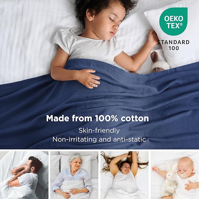 Bedsure GentleSoft 100% Cotton Large Blanket Oversized King for Bed 120x94 inches - Breathable Soft Cozy Herringbone Woven Blanket for Summer, Couch Cover, Navy Blue