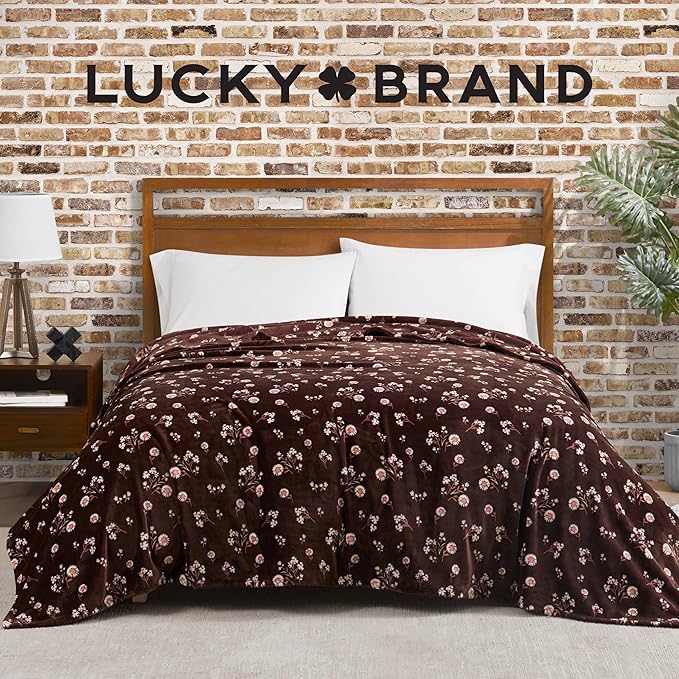 Lucky Brand Daisy Brown Floral 90"X90" Cozy Plush Blanket - Premium Microfiber Throw for Luxurious Comfort and Style Full/Queen Size