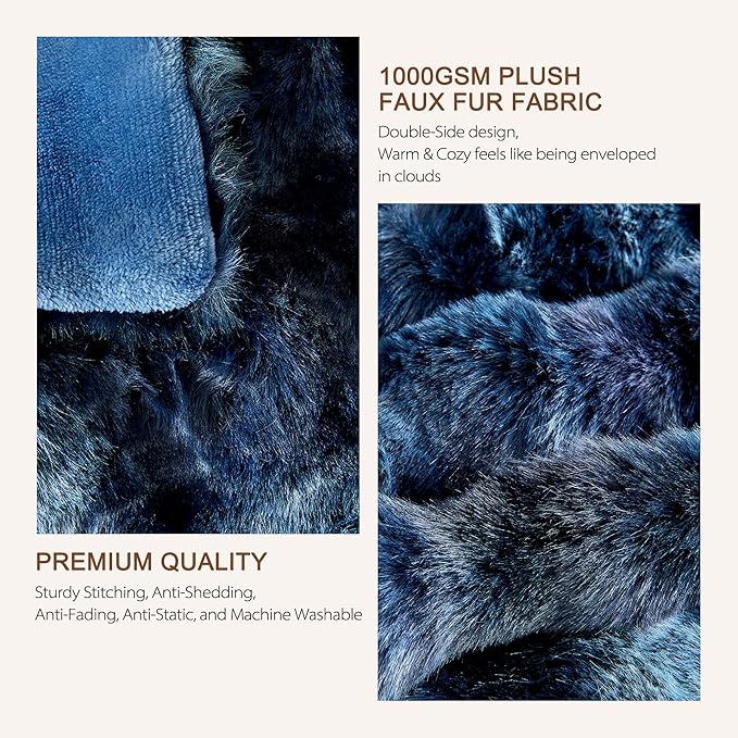 Luxury 1000GSM Faux Rabbit Fur Throw Blanket, Super Heavy Warm Cozy Blankets for Couch Bed Sofa, Bubble Plush Fuzzy Elegant Soft Reversible Mink Blanket for Living Room Bedroom, Tie-dye Blue
