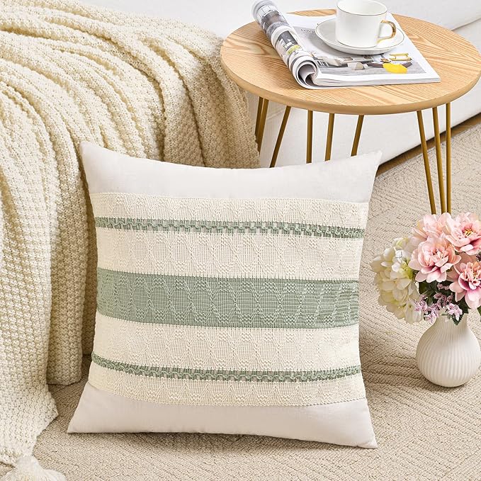 Fancy Homi Set of 2 Sage Green Boho Decorative Throw Pillow Covers 18x18 Inch for Living Room Bedroom Couch Bed Sofa Chair, Rustic Retro Cushion Case 45x45 cm, Bohemian Room Home Decor