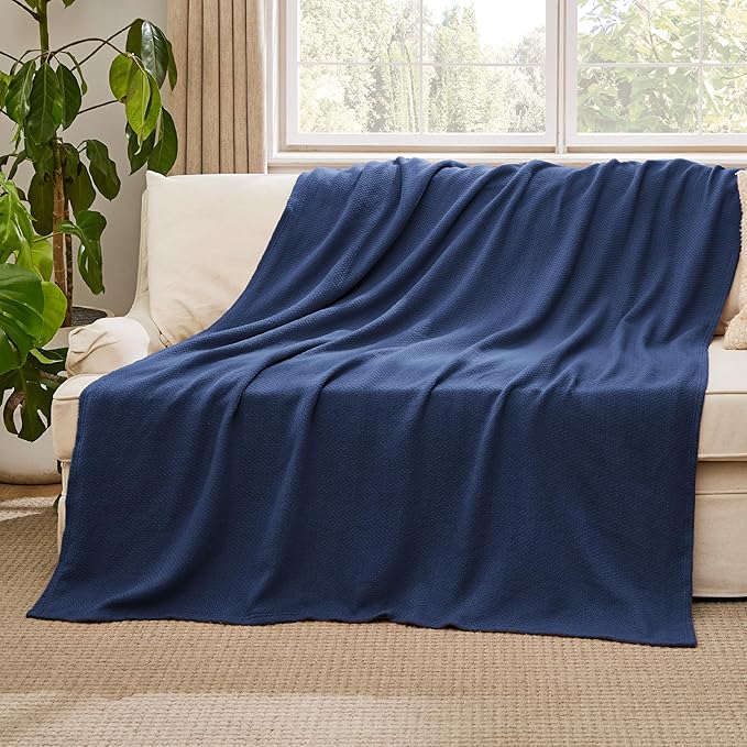 Bedsure GentleSoft 100% Cotton Large Throw Blanket for Couch 50x70 inches - Breathable and Lightweight, Soft Cozy Herringbone Woven Cotton Throw for Summer, Navy Blue Office Chair Blanket