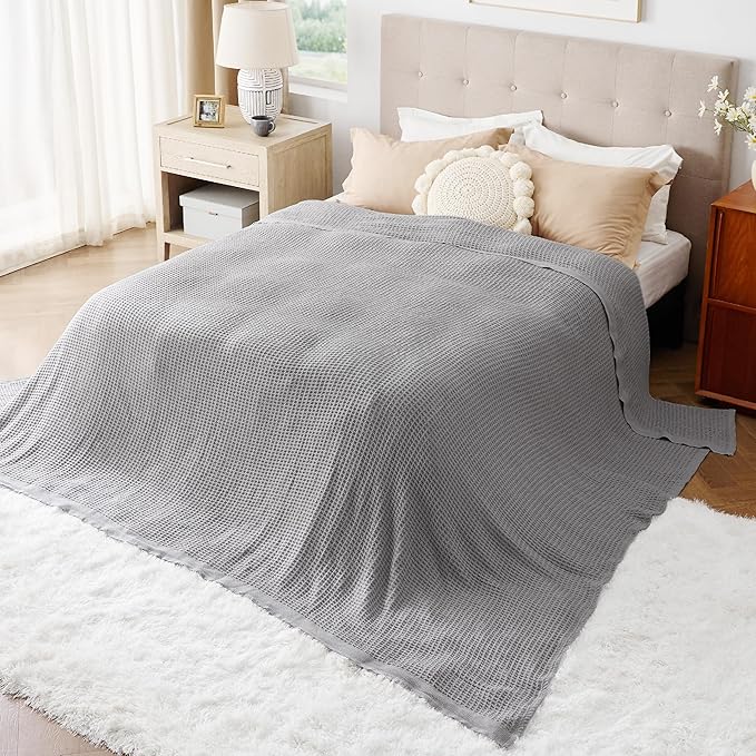 Bedsure Gentlesoft 100% Cotton Big Blanket Oversized King for Bed - Large Breathable Thick Cooling Waffle Weave Blanket for Summer, Couch Cover, Grey, 120x94 inches