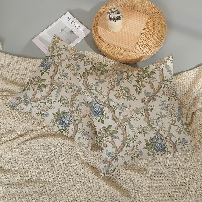 Blue Green Floral Bird Pillow Covers 16x16 Set of 2 Chinoiserie Throw Pillows Green Vintage Flowers Bird Decorative Pillow Cases Outdoor Chinoiserie Decor Farmhouse Cushion Case for Couch Sofa