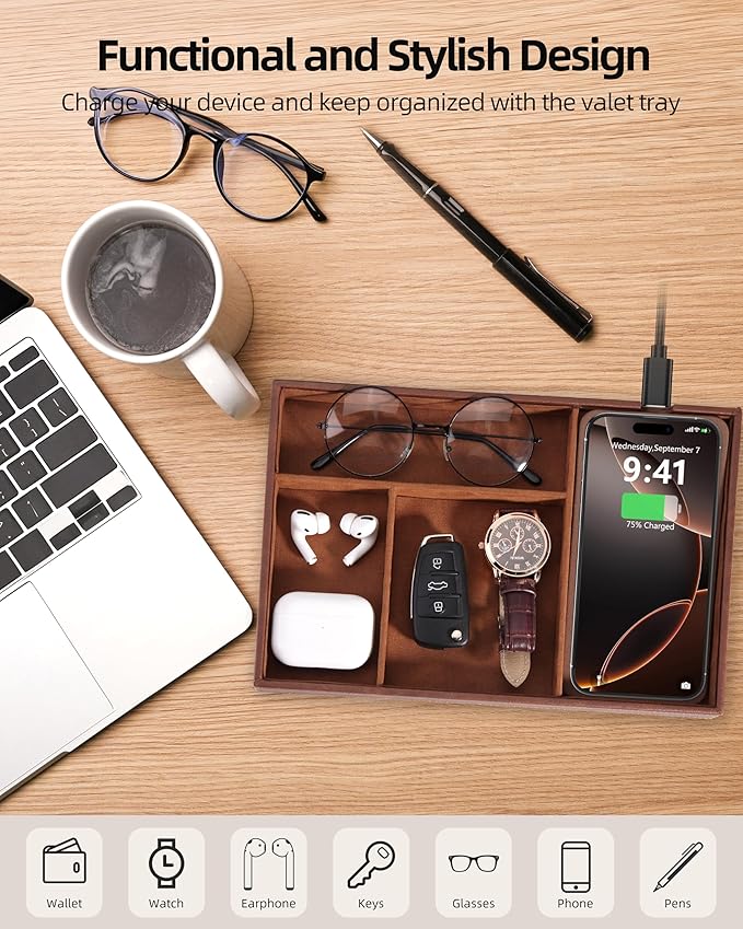 Valet Tray with Wireless Charger, Nightstand Organizer for Men, EDC Catchall Tray for Keys, Watch, Wallet, Jewellery, Premium Vegan Leather, Bedside Caddy, Stylish and Organized, Brown
