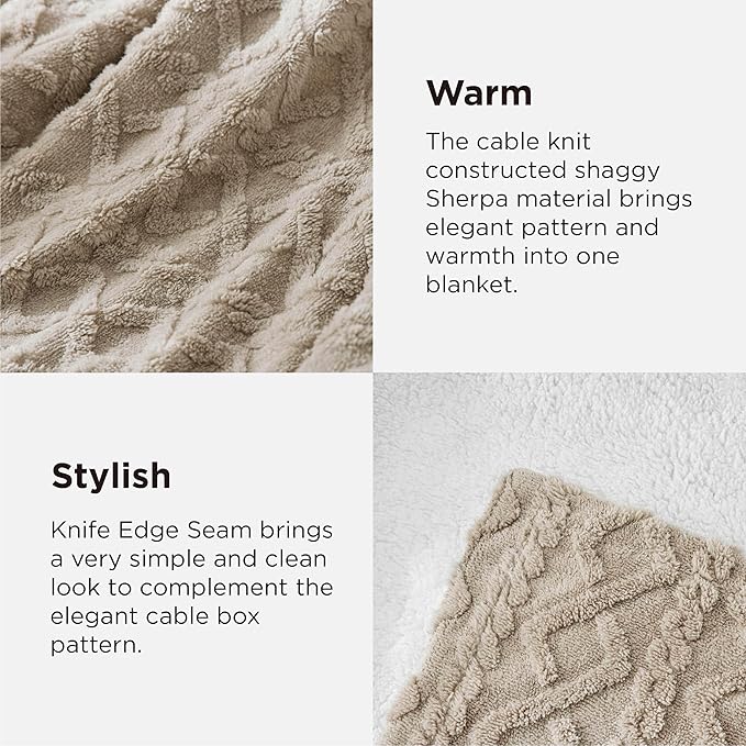 Bedsure Gentlesoft Sherpa King Size Blanket for Bed- Fleece Fluffy & Cozy Cable Jacquard Tufted for Women Gift, Thick and Warm Christmas Blanket for Winter, Beige, 108x90 Inches