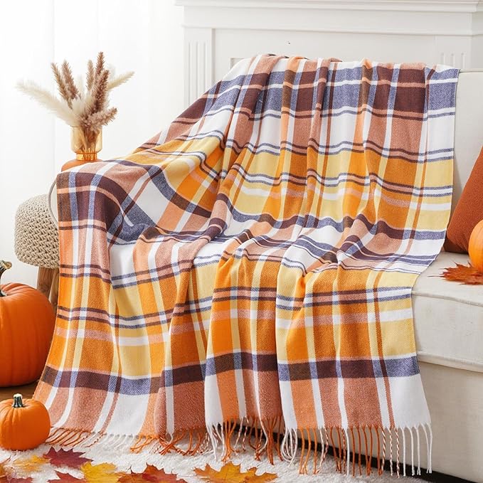BATTILO HOME Fall Plaid Throw Blanket for Couch Bed, Decorative Orange Fall Blankets, Buffalo Checkered Plaid Blankets and Throws Farmhouse Style for Home Fall Decor 50"x60"