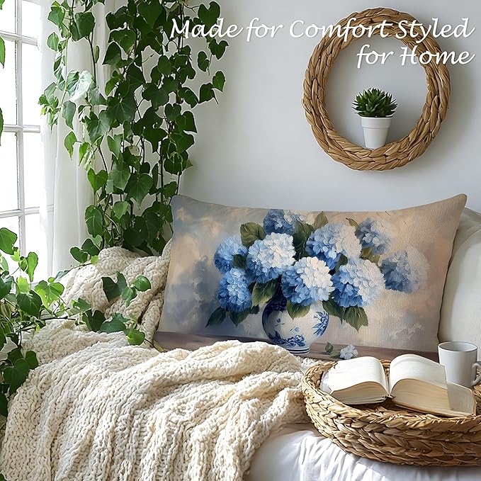 Blue Chinoiserie Hydrangea Floral Lumbar Pillow Cover 12x20 Double-Sided, Grandmillennial Decor, Vintage Farmhouse Spring Flower Decorative Throw Pillow Cover for Living Room Home Bedroom