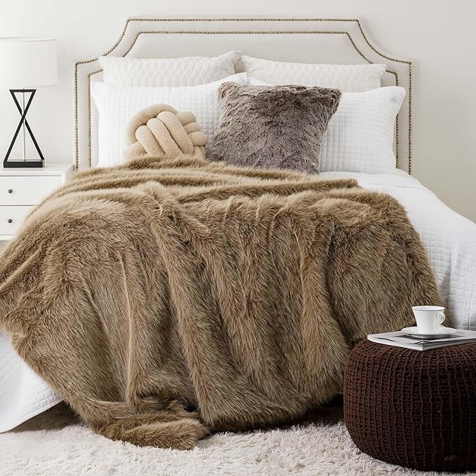 BATTILO HOME Luxury Tan Fluffy Faux Fur Throw Blanket, Cozy Warm Large Fur Blanket for Couch, Sofa, Chair, Bed, Plush Fuzzy Fur Throws with Long Pile, 60"x80"(Khaki)