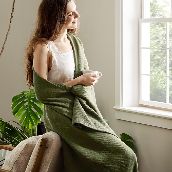 Bedsure GentleSoft 100% Cotton Blanket Twin XL Size for Bed - Breathable and Lightweight, Soft Cozy Textured Herringbone Woven Summer Blanket for College Dorm, Olive Green, 66x90 inches