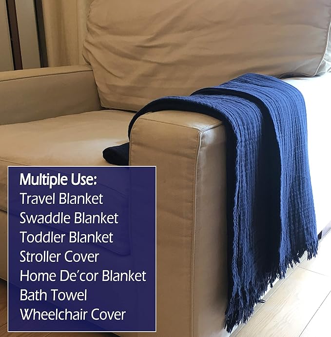 KyraHome Muslin Blankets for Adults, Kids, 60"x80", 100% Organic Cotton Large Cotton Throw Blankets for Couch, Plant Dyed Breathable Lightweight Gauze Blankets, All Season (Navy Blue)