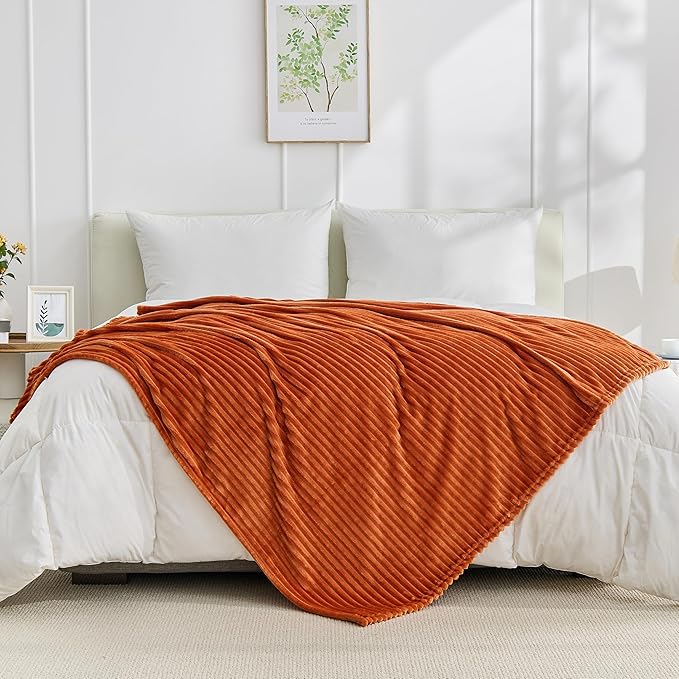 Bnuitland Burnt Orange Fleece Throw Blanket for Couch, 300GSM Soft Warm Cozy Fluffy Throw for Adults & Kids, Stripe Pattern 50"x70", All Season Sofa Bed Blanket for Home Decor