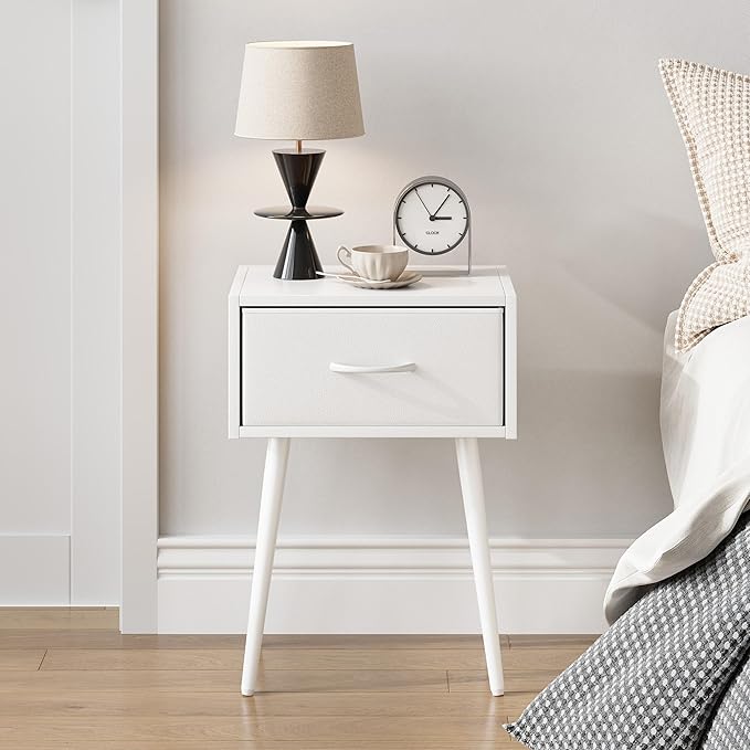 Small White Nightstands Set of 2, Bedside Table with Fabric Drawer, Modern End Table with Metal Leg, Couch Side Table for Bedroom Living Room, Sofa, Office LNT504W
