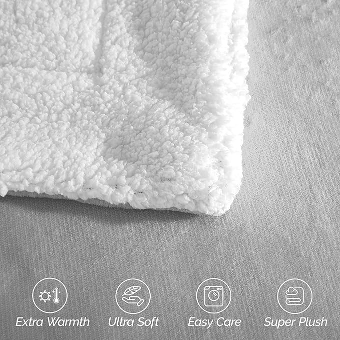 Elegant Comfort Ultra Soft Reversible Flannel Sherpa Blanket - Cozy Silky Fleece Throw for Couch, Bed - Plush Fuzzy Warm Winter Blanket for Gift, King, Silver Grey