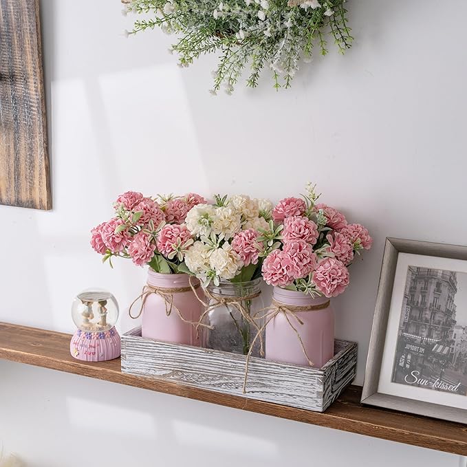 LUEUR 3PCS Artificial Hydrangea Flowers in Mason Jars with Wood Tray for Dining Table Coffee Table Farmhouse Home Decor Centerpieces Spring Decor Perfect for Kitchen, Living Room, Bathroom