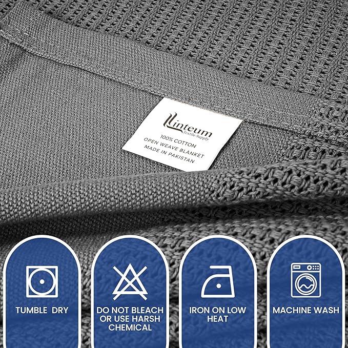 Linteum Textile Supply Leno Weave Light Grey Blanket, Queen 100% Cotton, Lightweight, Warm, Fluffy, Premium and Durable Soft & Cozy Bed Blanket for Home, Couch, Sofa & Dorm, All Season Throw [90x90]
