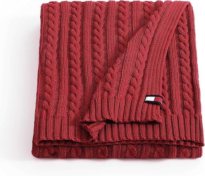 Tommy Hilfiger - Blanket, Ultra-Soft Cable Knit Throw Blanket for Bed or Couch, Lightweight Bedding with a Soft Textured Feel & Iconic Flag Logo (Red, 50" x 70")