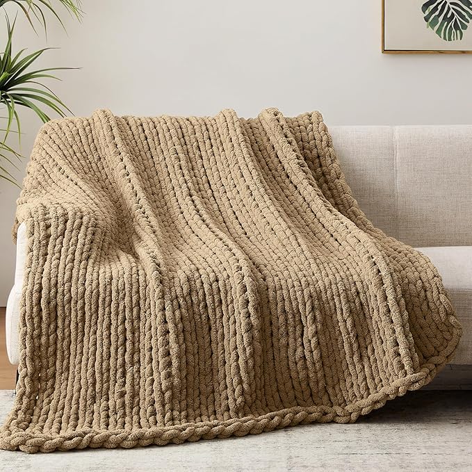 Chunky Knit Throw Blanket, 50''*60'' Knitted Throw Chenille Yarn for Bed Couch, Handmade Light Brown Crochet Big Thick Blanket, Machine Washable Cute Comfy Blanket for Home Decor