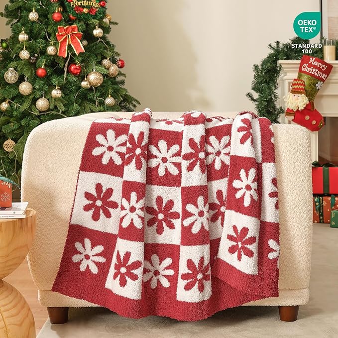 Snuggle Sac Checkered Blanket, Red Flower Throw Blanket for Christmas Couch Plaid Microfiber Fluffy Warm Cozy Fuzzy Soft Reversible Checkerered Blankets for Sofa, Chair, Bed, 50x60 inches