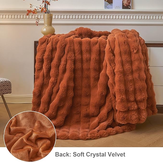 LIFEREVO Fluffy Faux Rabbit Fur Bubble Blanket, Plush Shaggy Waffle Throw for Couch Sofa, Cozy Comfy Furry Bed Blanket Adults Kids Teens Girls, Fuzzy Throw for Bedroom Living Room, 60x90, Burnt Orange